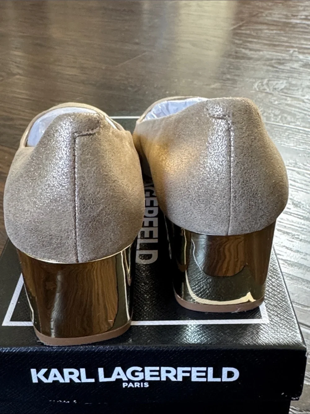 Karl Lagerfeld Metallic Suede Gold Square-Toe Block Heel